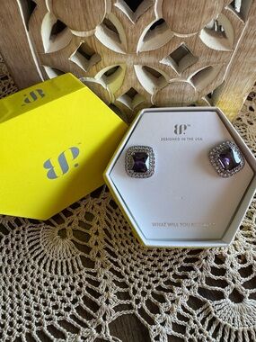 bp Purple Square Crystal Halo Stud Earrings in Silver Tone